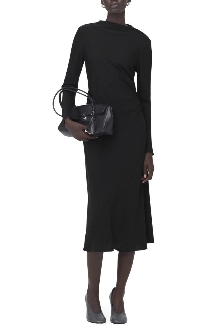 Ruched Long Sleeve Midi Dress, Main, color, BLACK