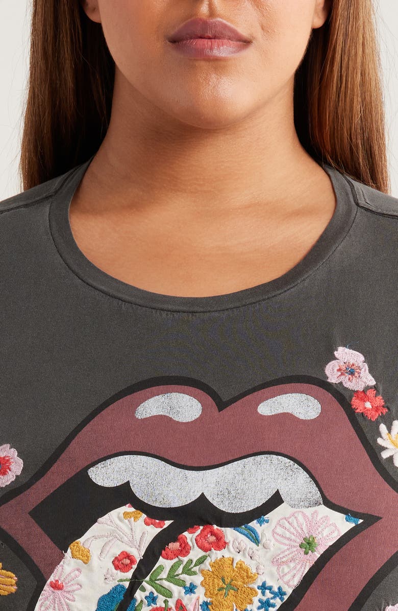 Lucky Brand Rolling Stones Floral Embroidered Hot Lips Graphic T-Shirt, Alternate, color, 
