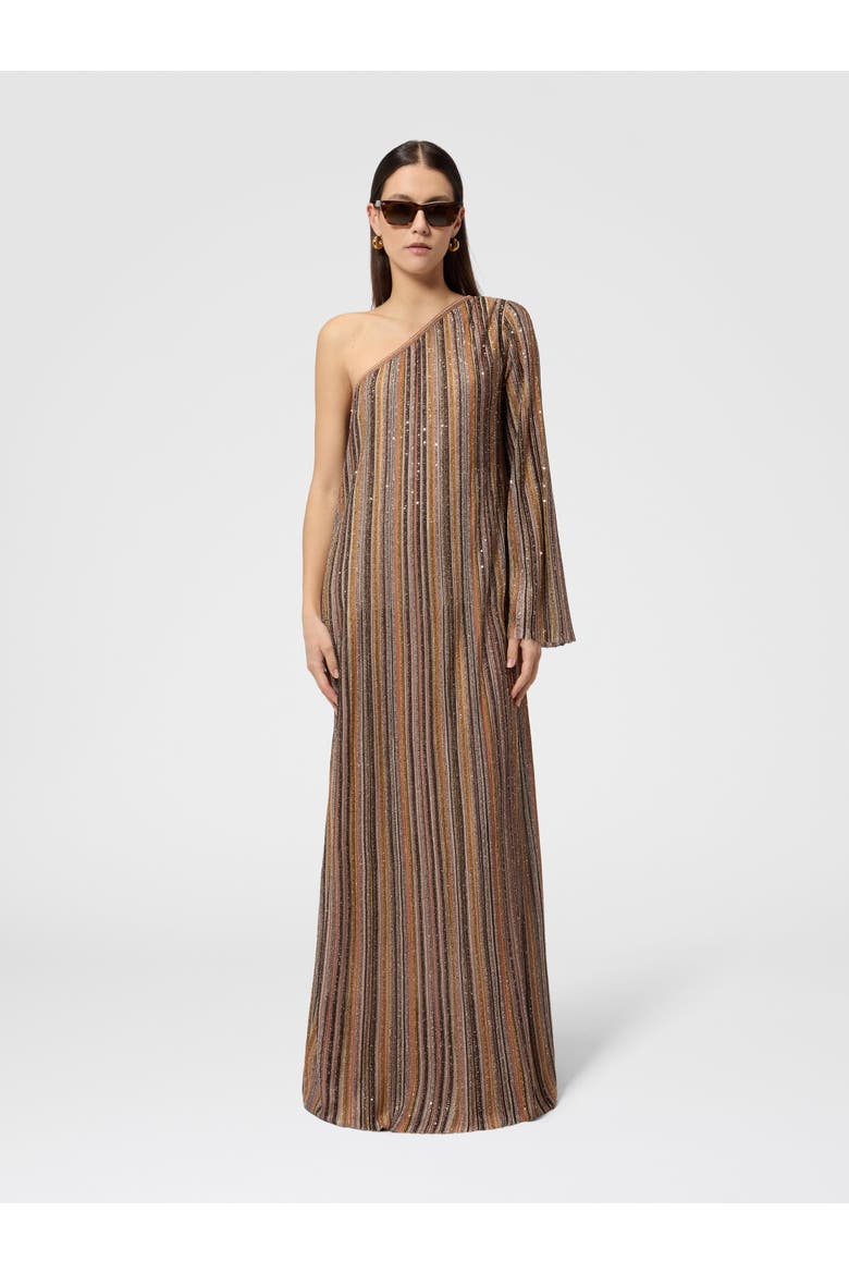 One-shoulder Long Dress In Ribbed Viscose Lamé, Alternate, color, Gold& Beige