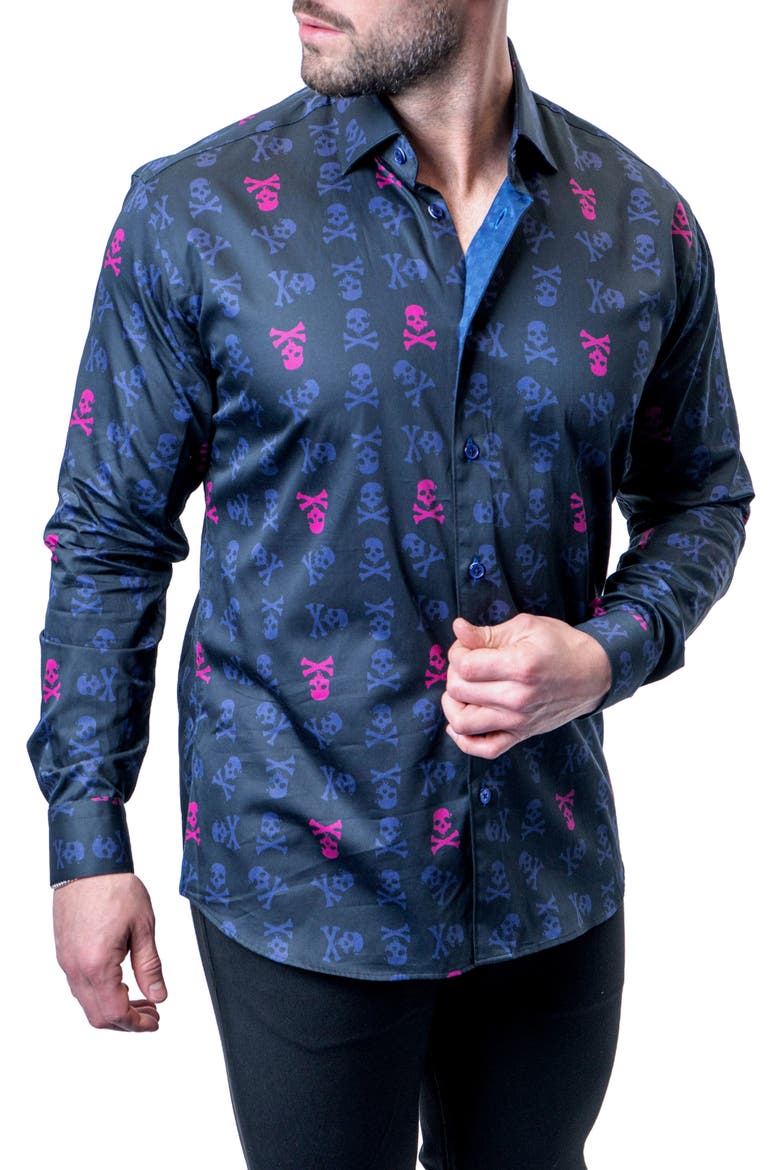 Einstein Skull Line Contemporary Fit Button-Up Shirt, Main, color, BLUE MULTI