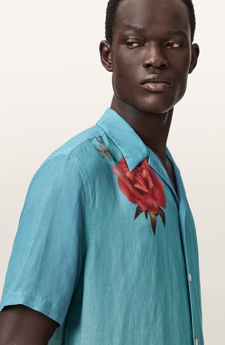 AllSaints Fazed Floral Button-Up Camp Shirt, Alternate, color, Anker Blue