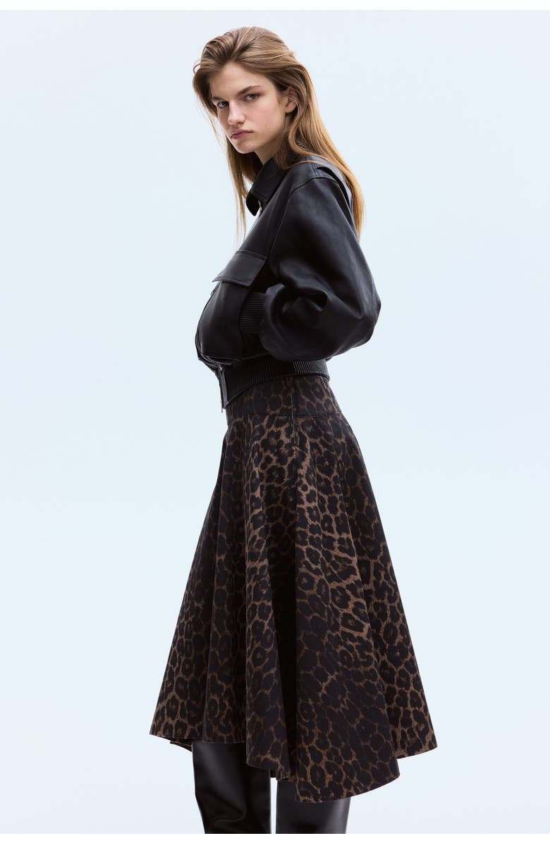 H&M Flared Twill Skirt, Main, color, Dark Brown/Leopard Print