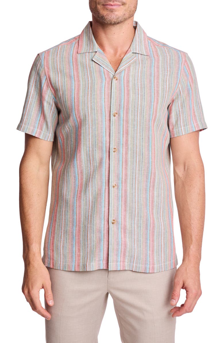 PAISLEY & GRAY Stripe Linen Blend Camp Shirt, Main, color, Ocean Coral Stripe