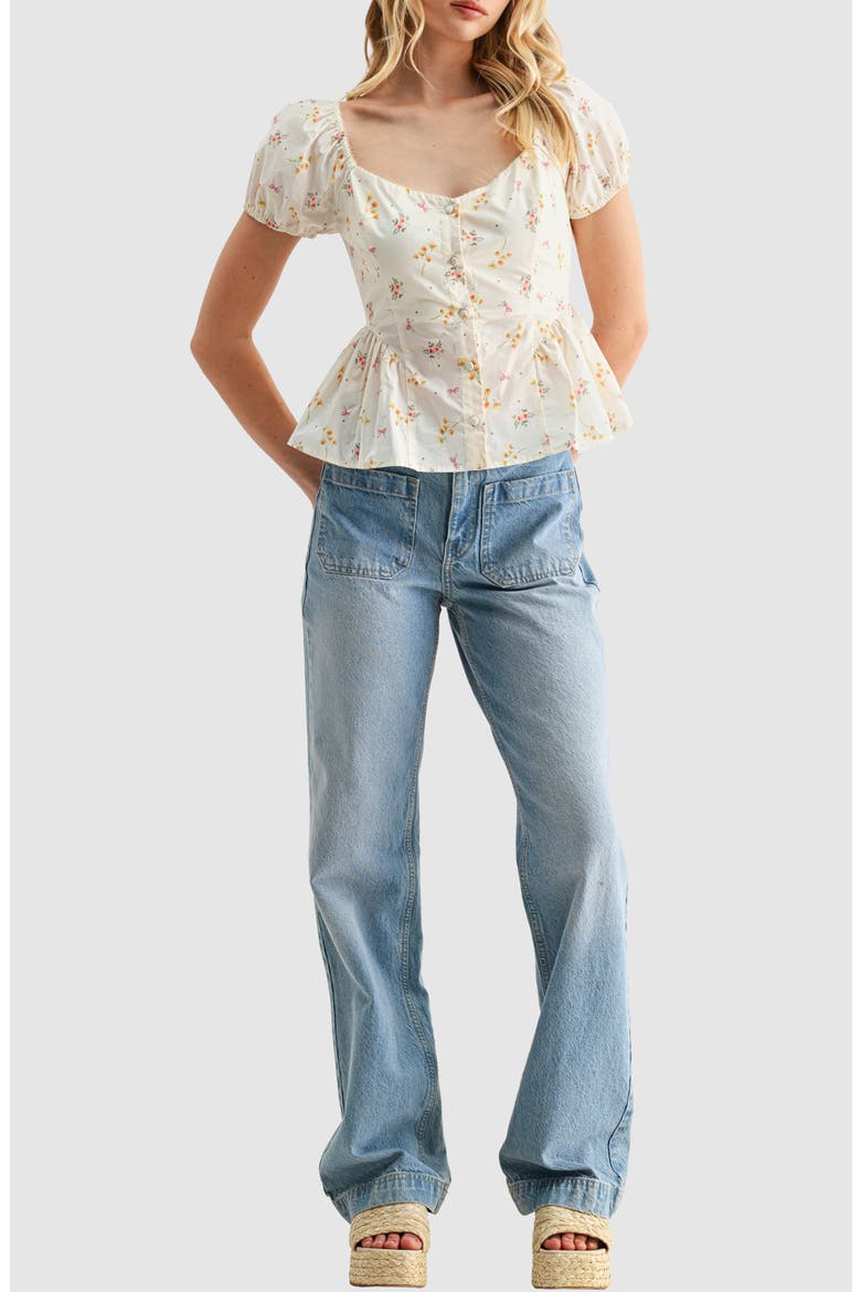 Floral Button Front Peplum Top, Alternate, color, CREAM PINK