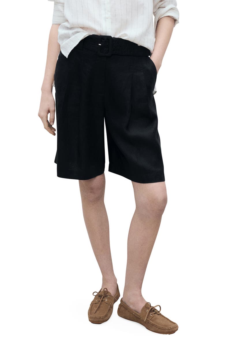 MANGO Samari Belted Linen Bermuda Shorts, Main, color, Black