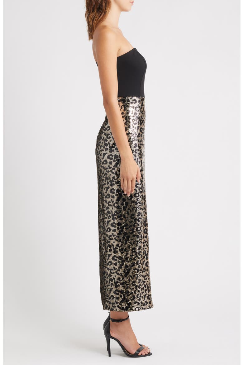 Mixed Media Strapless Leopard Sequin Gown, Alternate, color, BLACK GOLD