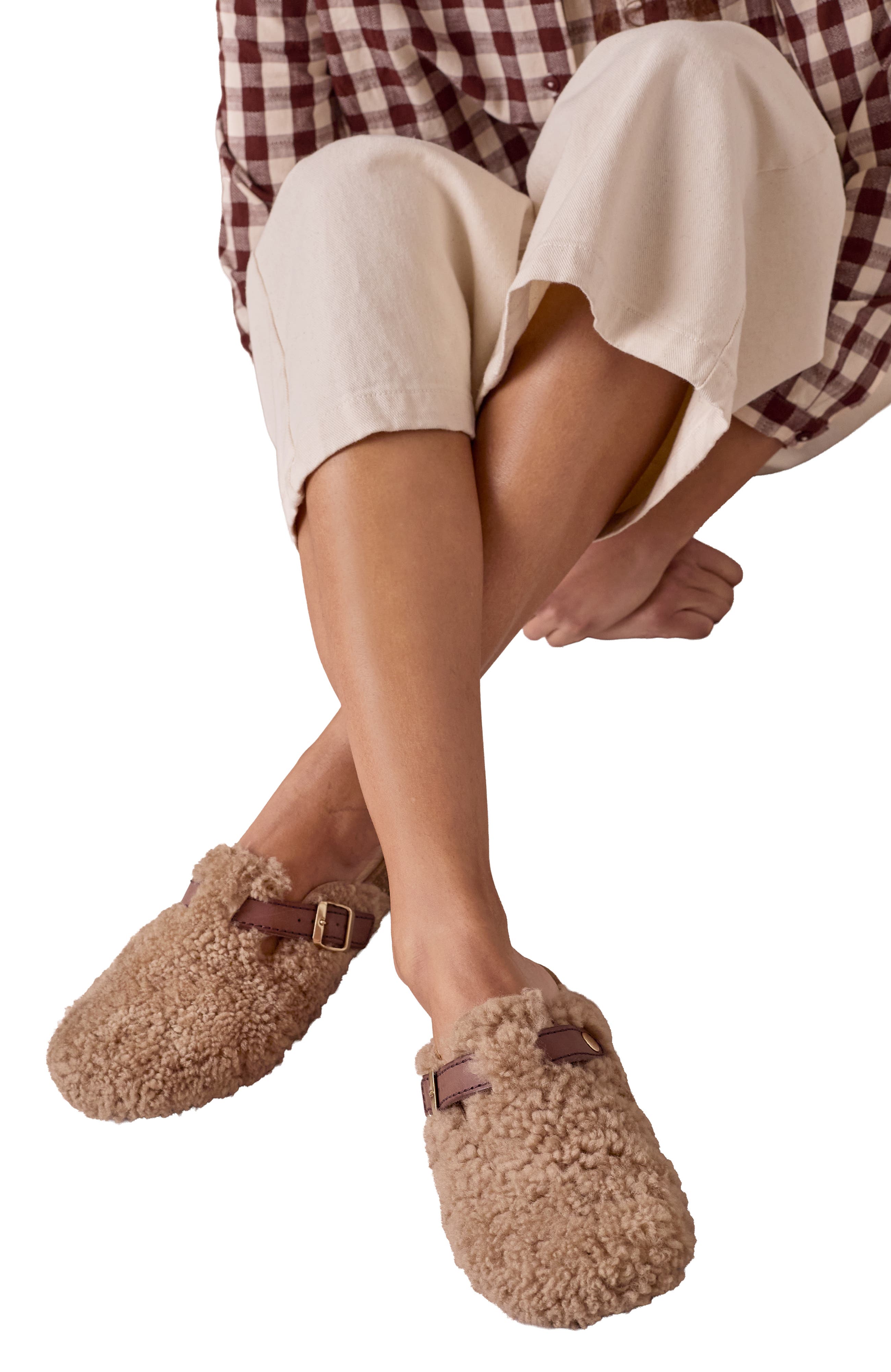 Leather Strap Teddy Clogs, Alternate, color, Beige