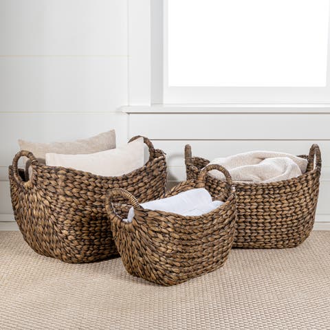 Nellie Farmhouse Classic Handwoven Hyacinth Storage Boat Baskets with Handles, (Set of 3)