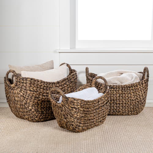 Happimess Nellie Farmhouse Classic Handwoven Hyacinth Storage Boat Baskets With Handles (set Of 3) In Brown