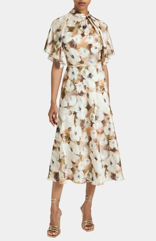 Santorelli Niki Mock Neck Midi Dress With Short Cape Sleeves In Floral Georgette In Multi