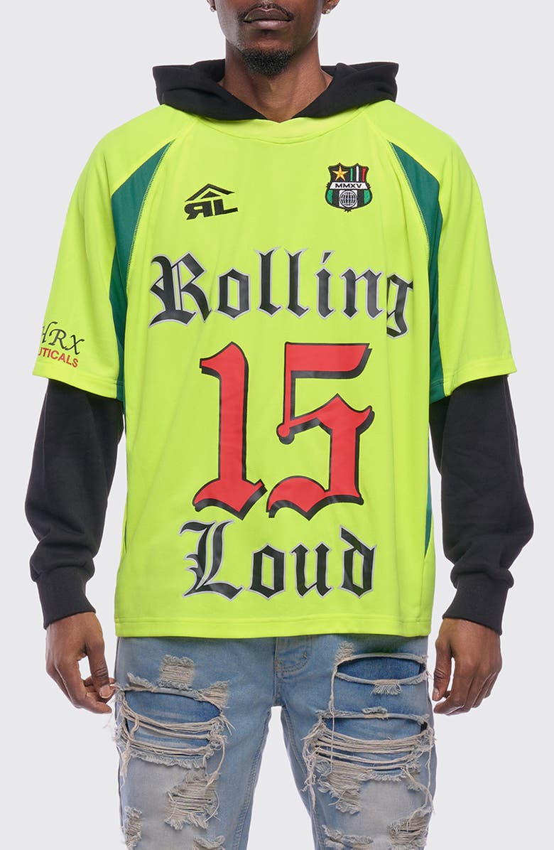Rolling Loud Victory Jersey Layered Hoodie, Main, color, Volt