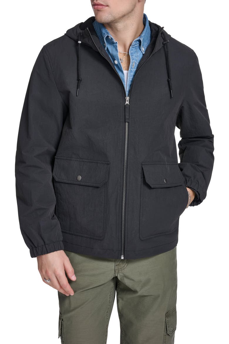 Water Resistant Hooded Nylon & Cotton Jacket, Main, color, BLACK