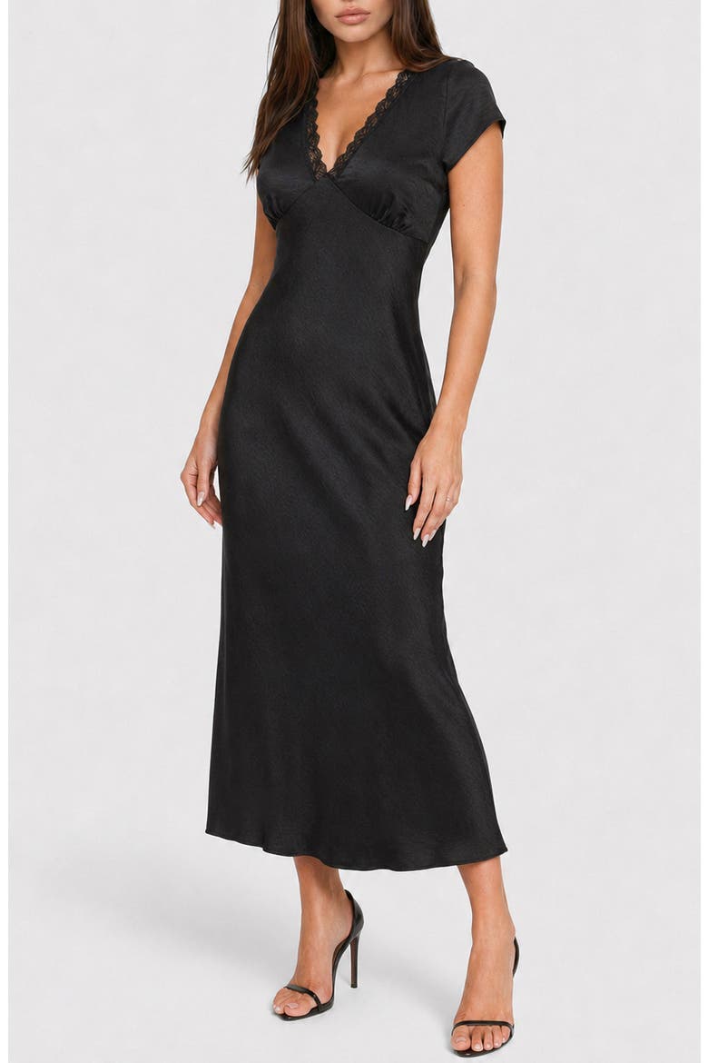 Lace Detail Crushed Satin Dress, Alternate, color, BLACK