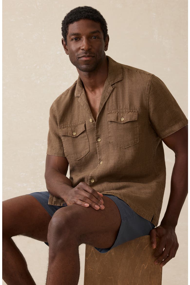 Reserve Basque Houndstooth Linen Camp Shirt, Alternate, color, DARK OAKWOOD PINCHECK