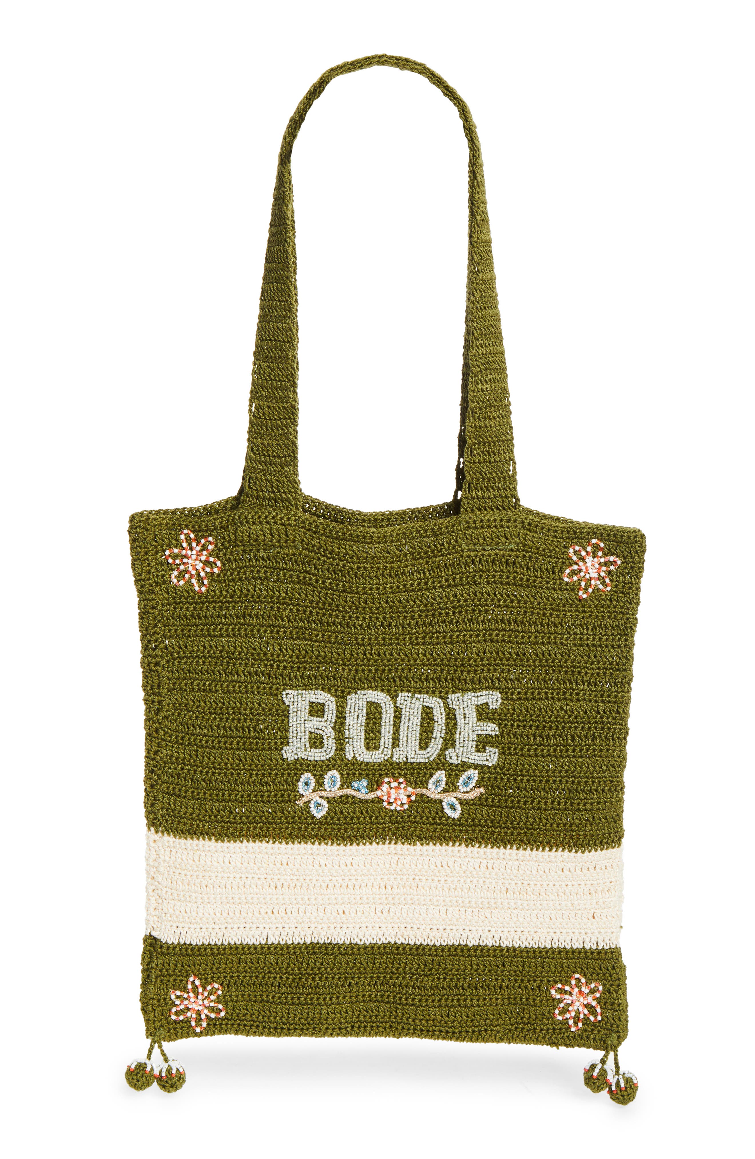 Bode Marsh Beaded Crochet Tote, Main, color, Green Cream