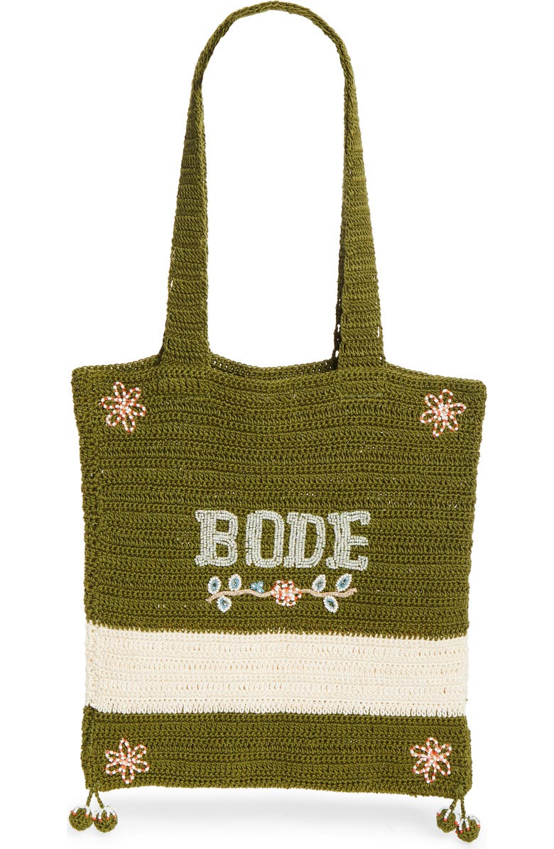 Bode Marsh Beaded Crochet Tote, Main, color, Green Cream