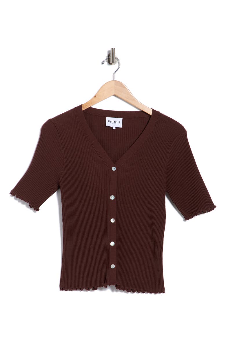 FRNCH Lisianne Short Sleeve Button Knit Sweater, Main, color, Chocolat