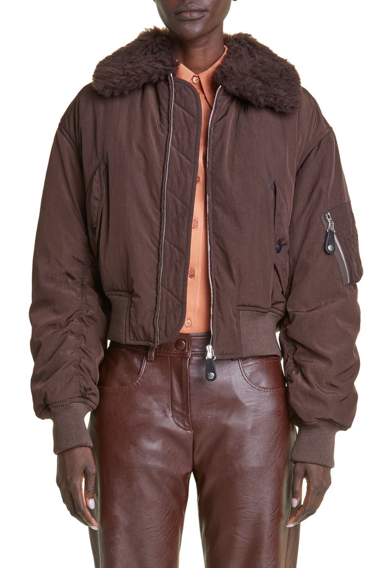Recycled Nylon Bomber Jacket with Faux Fur Collar, Main, color, 2011 DARK CHOCOLATE