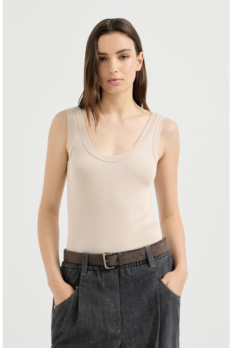 Stretch cotton ribbed jersey top with monili, Main, color, Cool Beige