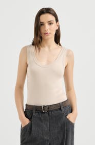 Brunello Cucinelli Stretch cotton ribbed jersey top with monili