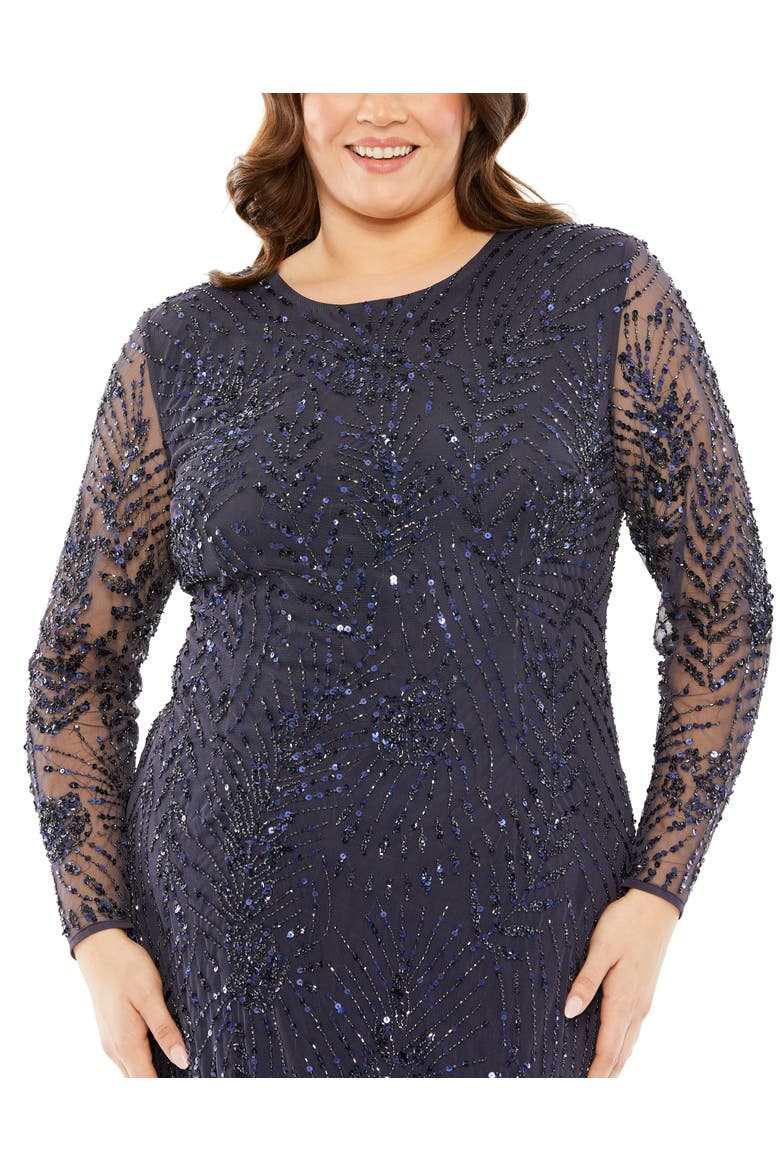 Long Sleeve Mesh Embellished Gown, Alternate, color, Midnight