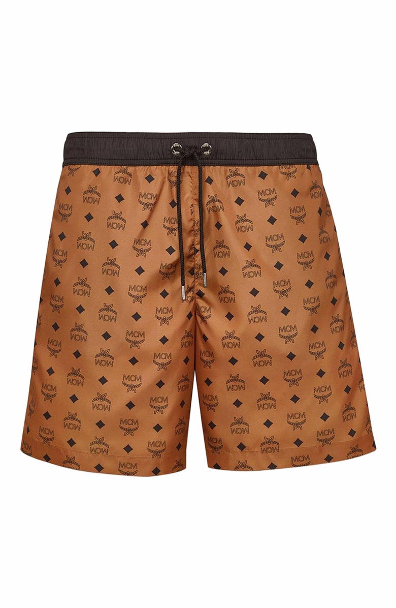 MCM Monogram Print Swim Trunks, Main, color, Cognac