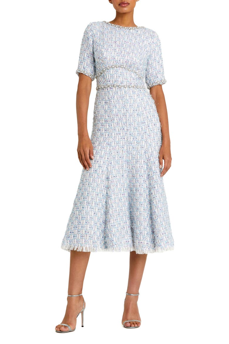 Short Sleeve Beaded Trim Boucle Midi Dress, Main, color, BLUE MULTI