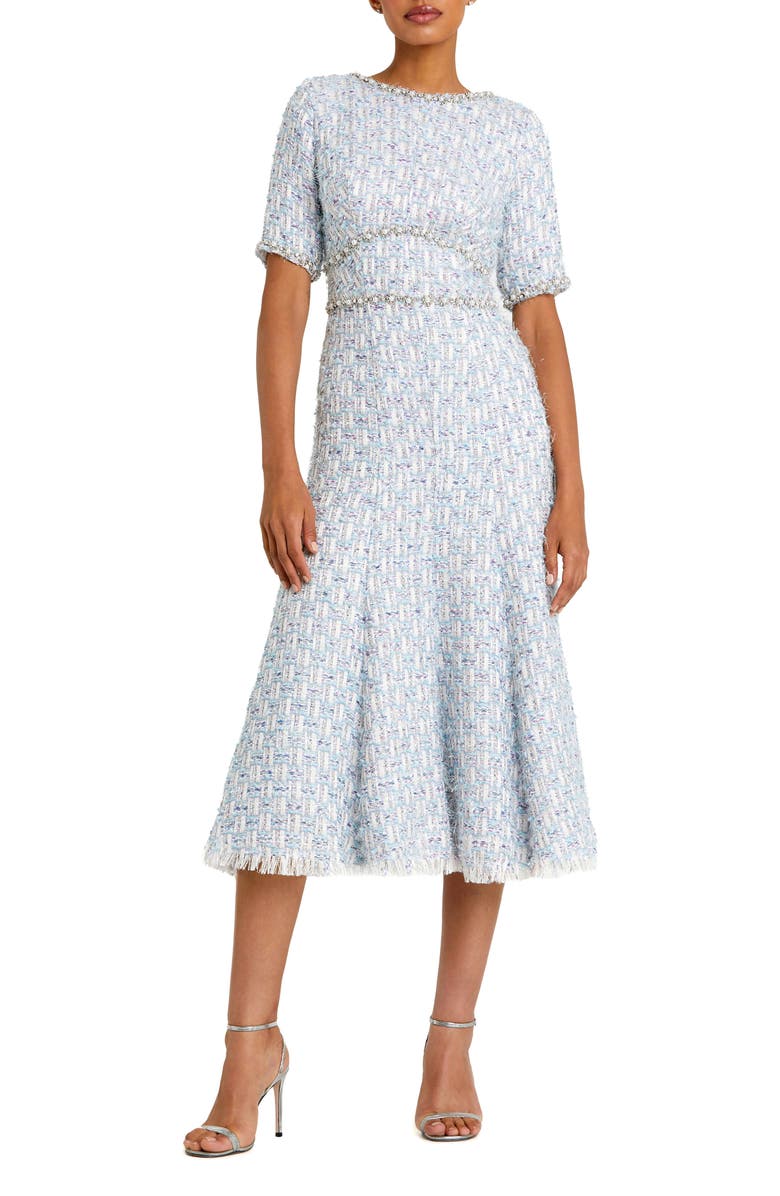Mac Duggal Short Sleeve Beaded Trim Boucle Midi Dress, Main, color, Blue Multi