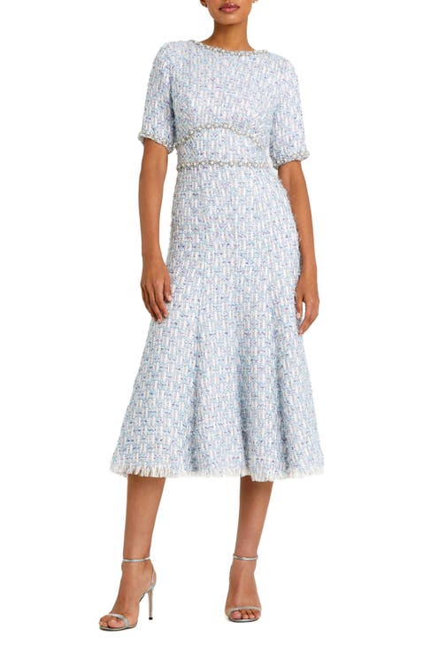 Short Sleeve Beaded Trim Boucle Midi Dress