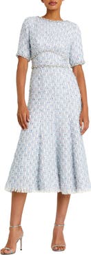 Mac Duggal Short Sleeve Beaded Trim Boucle Midi Dress