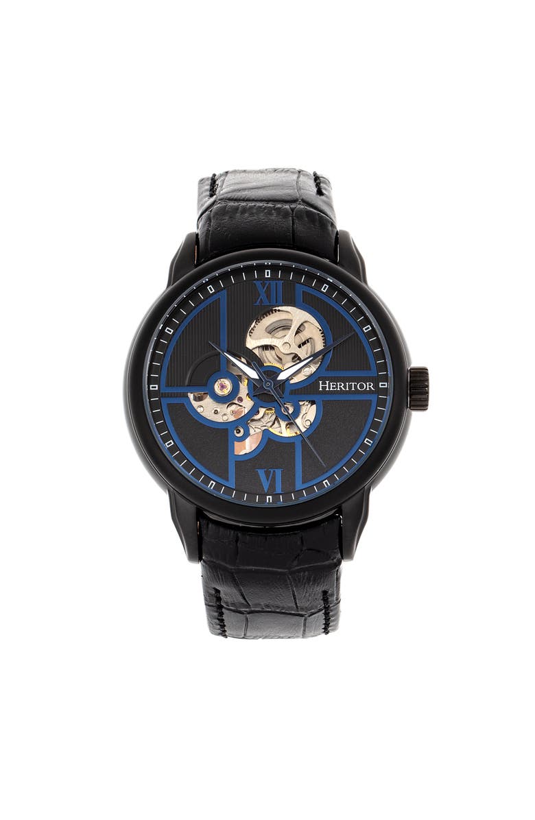Heritor Automatic Sanford Semi-Skeleton Leather-Band Watch, Main, color, Black