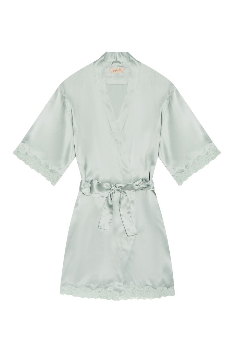 Lace Trim Silk Short Robe, Alternate, color, SAGE