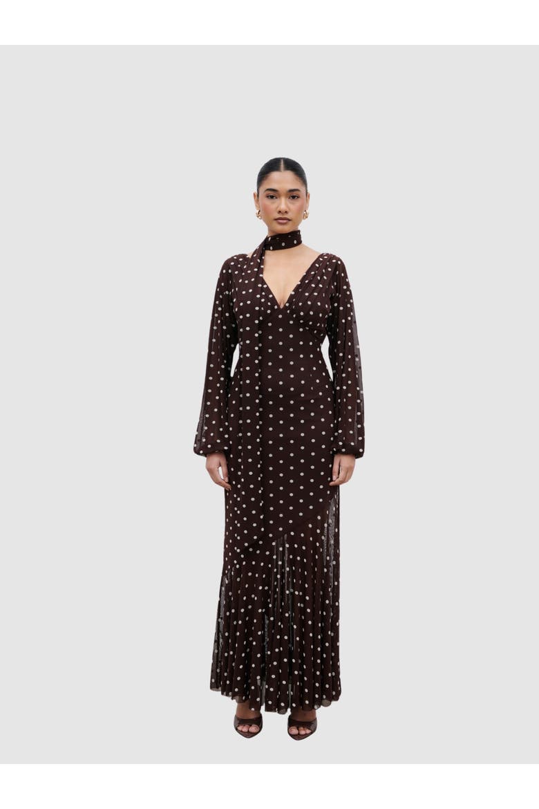 Petula Scarf Mesh Maxi Dress, Main, color, Brown And Cream Polkadot