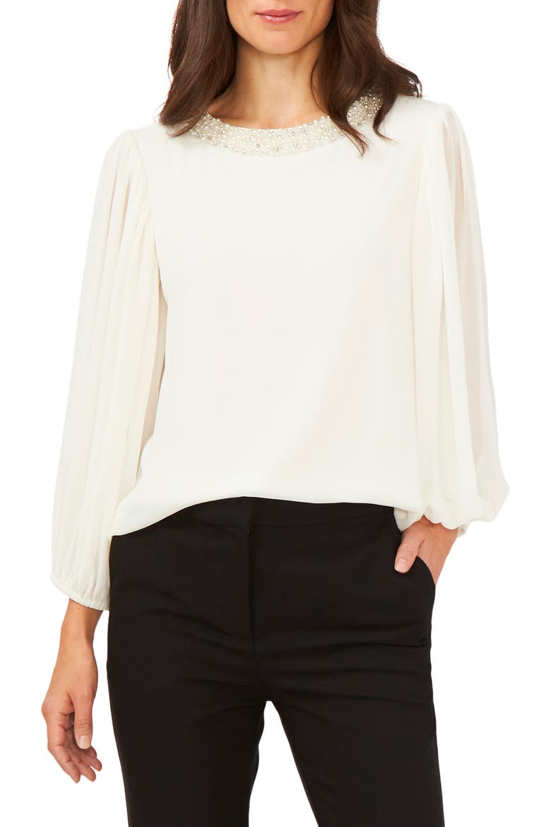Embellished Balloon Sleeve Blouse, Main, color, LILY IVORY