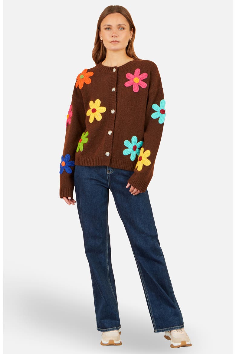 Knitted Flower Applique Cardigan, Alternate, color, Brown