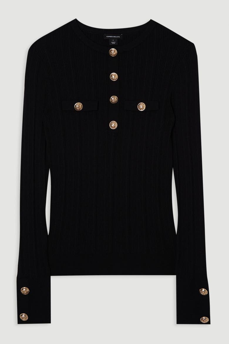 Military Trim Rib Long Sleeve Knit Top, Alternate, color, Black