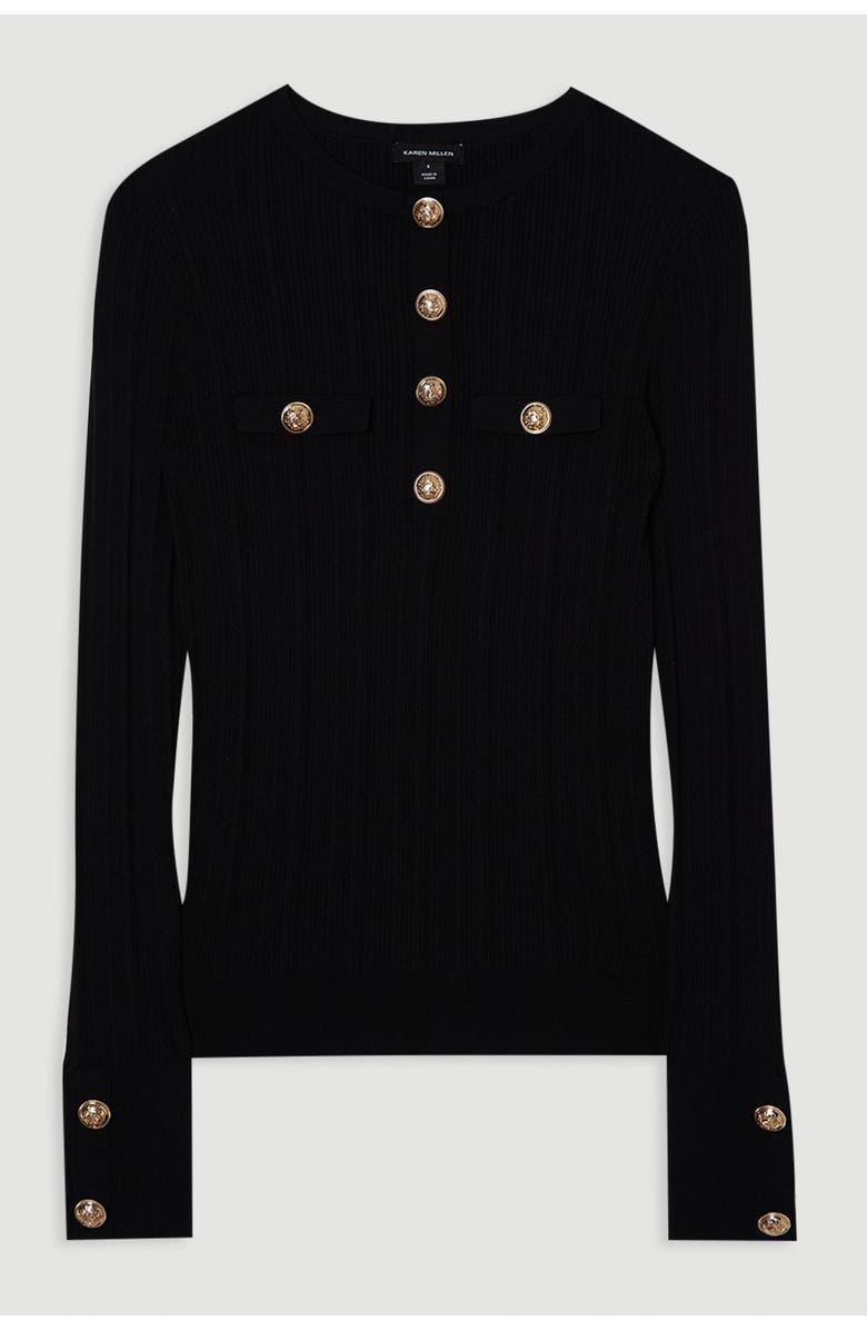 Karen Millen Military Trim Rib Long Sleeve Knit Top, Alternate, color, Black
