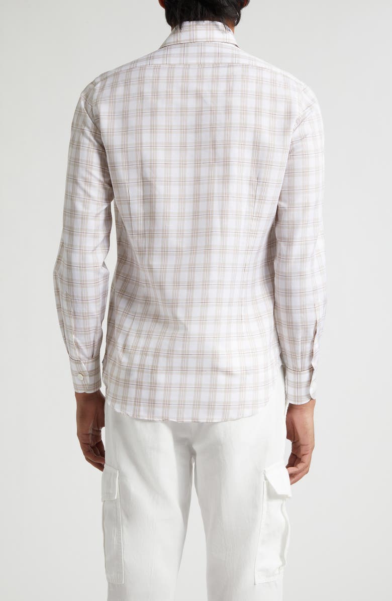 Eleventy Dandy Collar Check Cotton & Linen Button-Up Shirt, Alternate, color, Sand