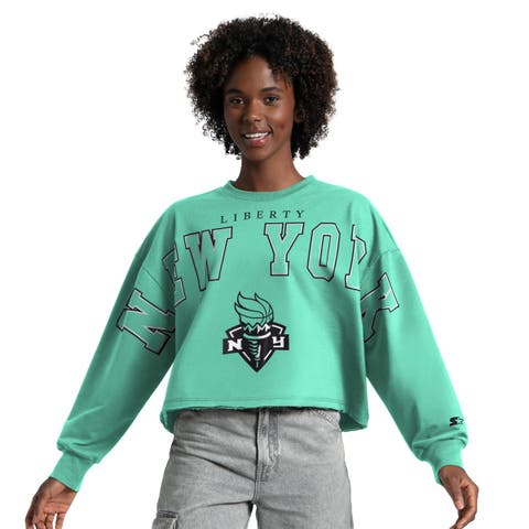 Women's Starter  Mint New York Liberty Bleachers Cropped Drop Shoulder Sweatshirt