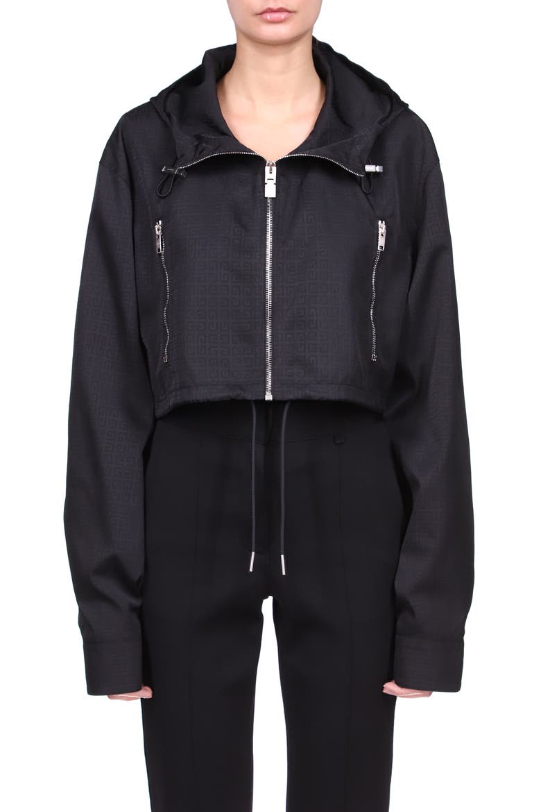 Hooded Logo Crop Windbreaker, Main, color, BLACK