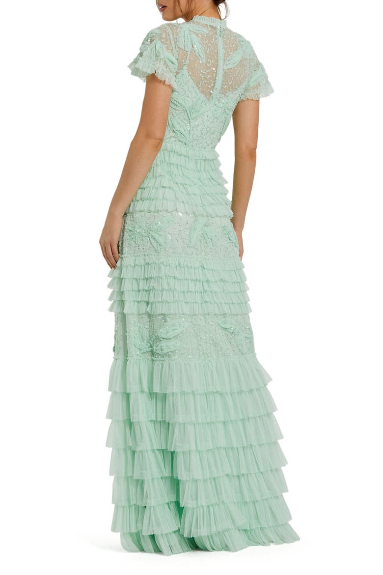 Beaded Mesh High Neck Micro Ruffle Floral Gown, Alternate, color, Sage