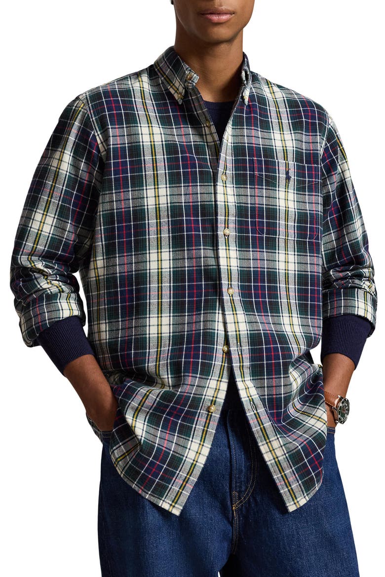Plaid Brushed Oxford Button Down Shirt, Main, color, NAVY/ GRN