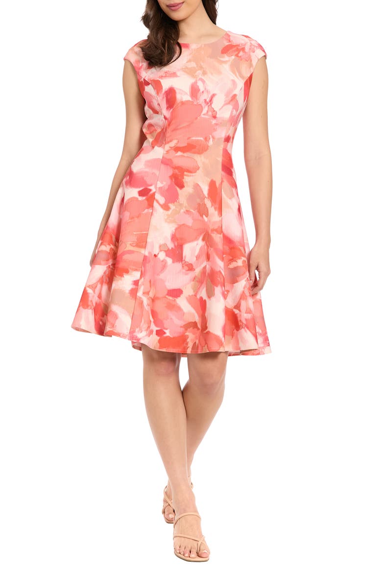 Floral Cap Sleeve Fit & Flare Dress, Main, color, IVORY/ CORAL