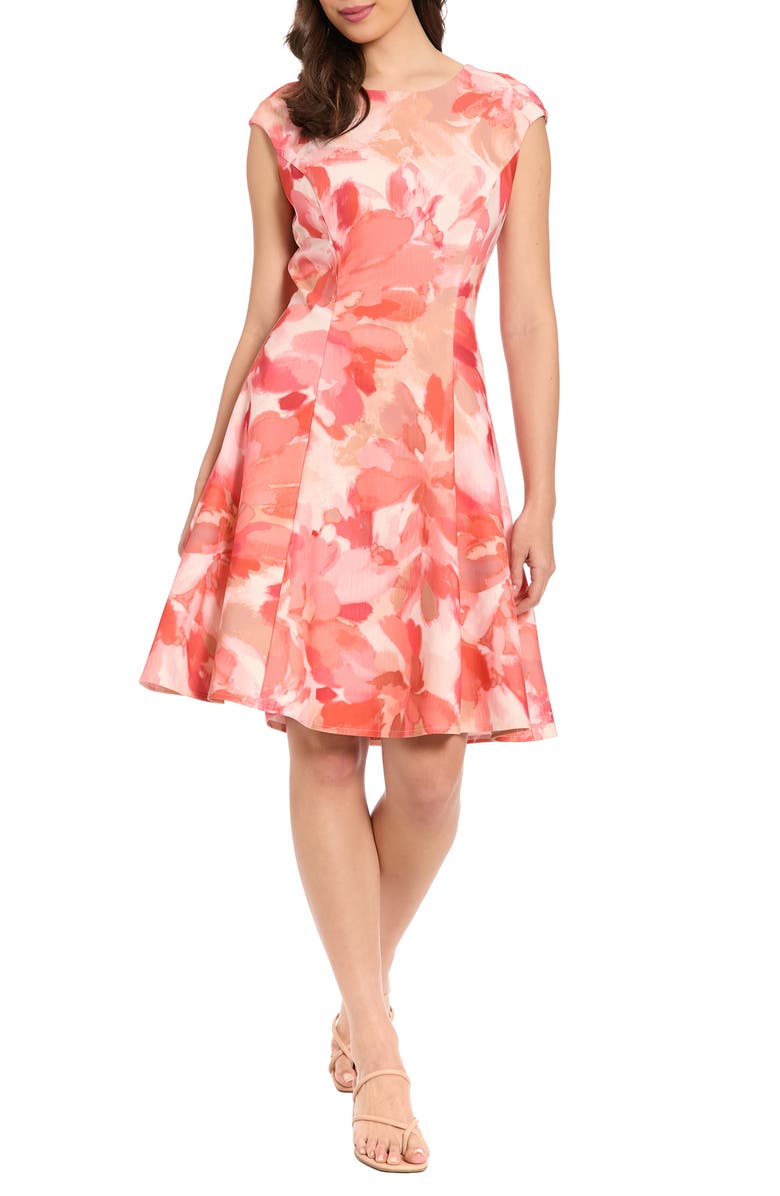 London Times Floral Cap Sleeve Fit & Flare Dress, Main, color, Ivory/ Coral