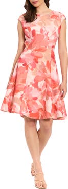 London Times Floral Cap Sleeve Fit & Flare Dress
