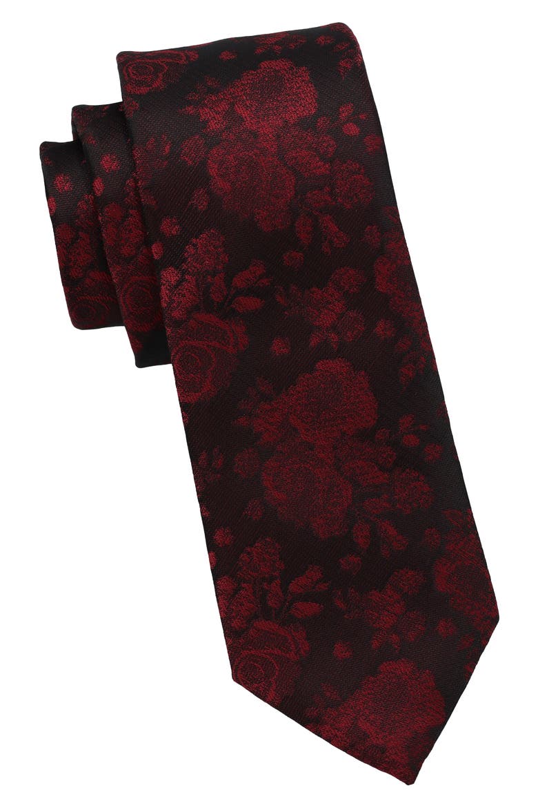 Floral Print Tie, Main, color, BLACK/ BURGUNDY