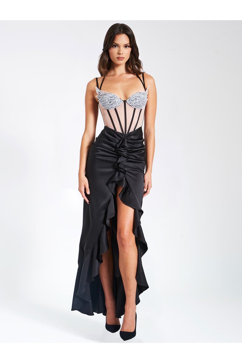 Rafaela Satin Corset Sequin Wing Cup Dress, Alternate, color, Black