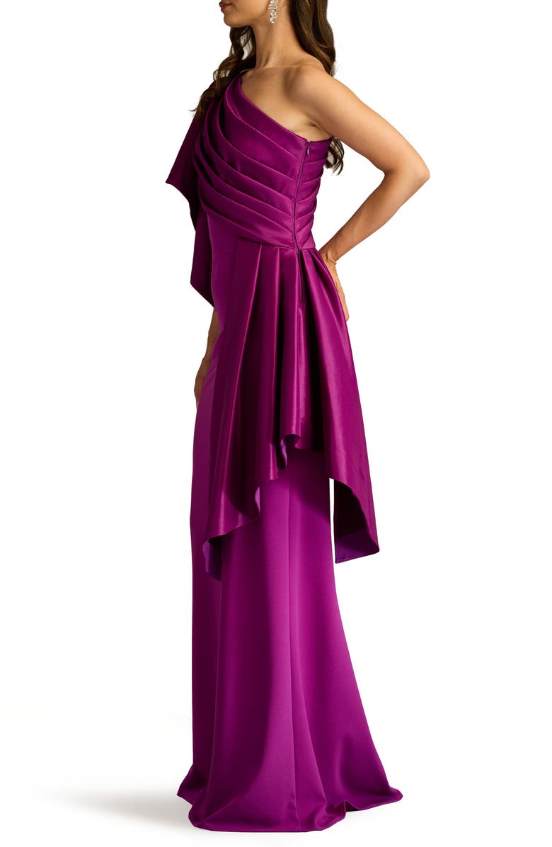 Tadashi Shoji Draped One-Shoulder Mixed Media Gown, Alternate, color, Magenta