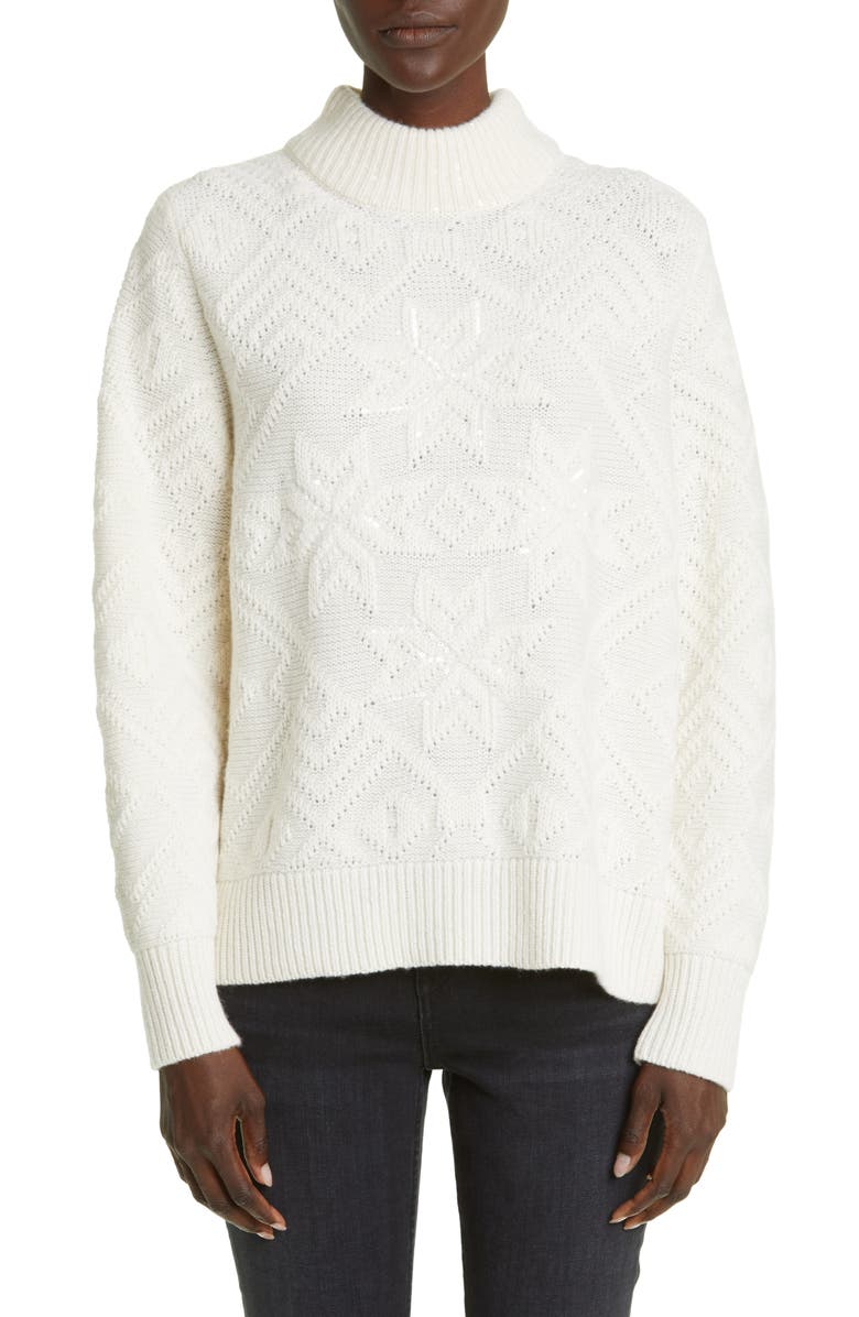 Lafayette 148 New York Snowflake Motif Embellished Cashmere Mock Neck Sweater, Main, color, 