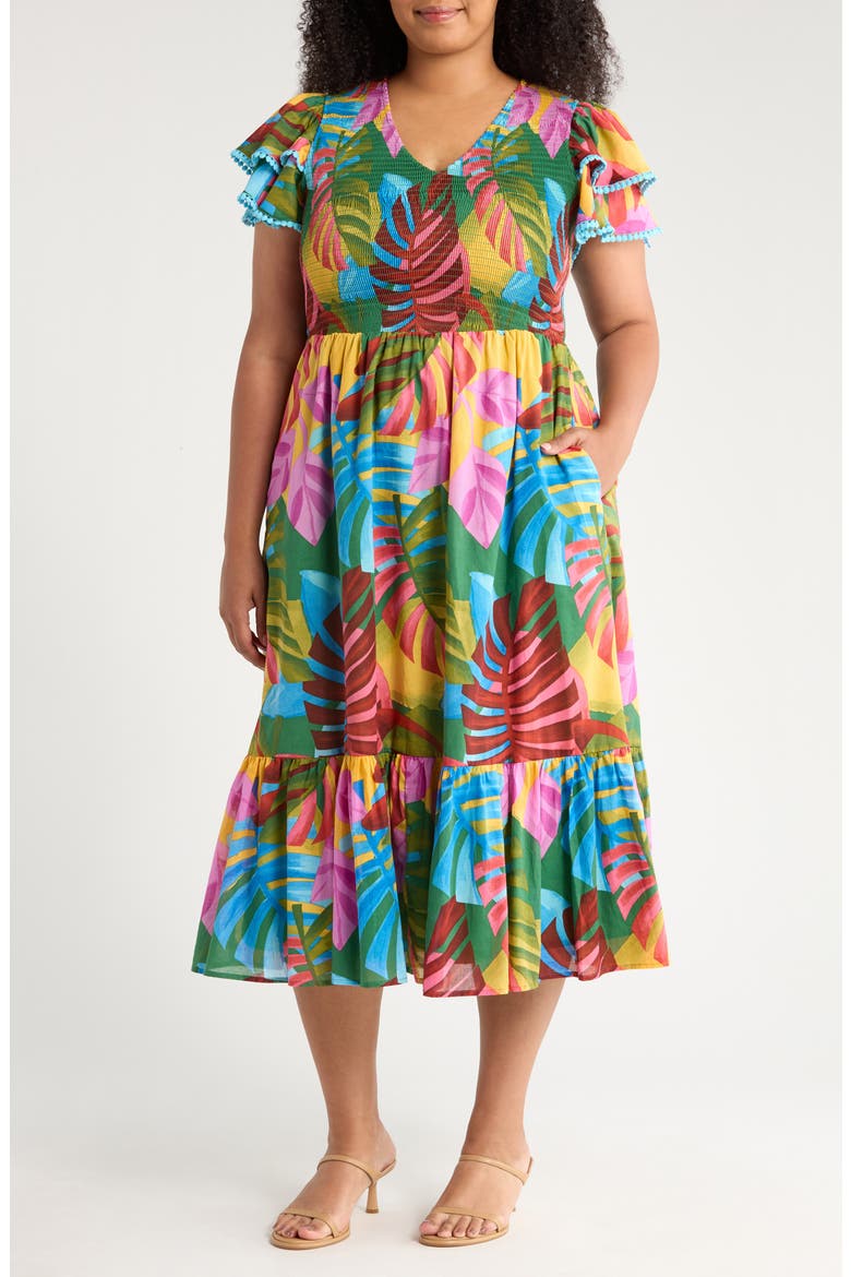 Tropical Print Midi Dress, Main, color, KELLY GREEN